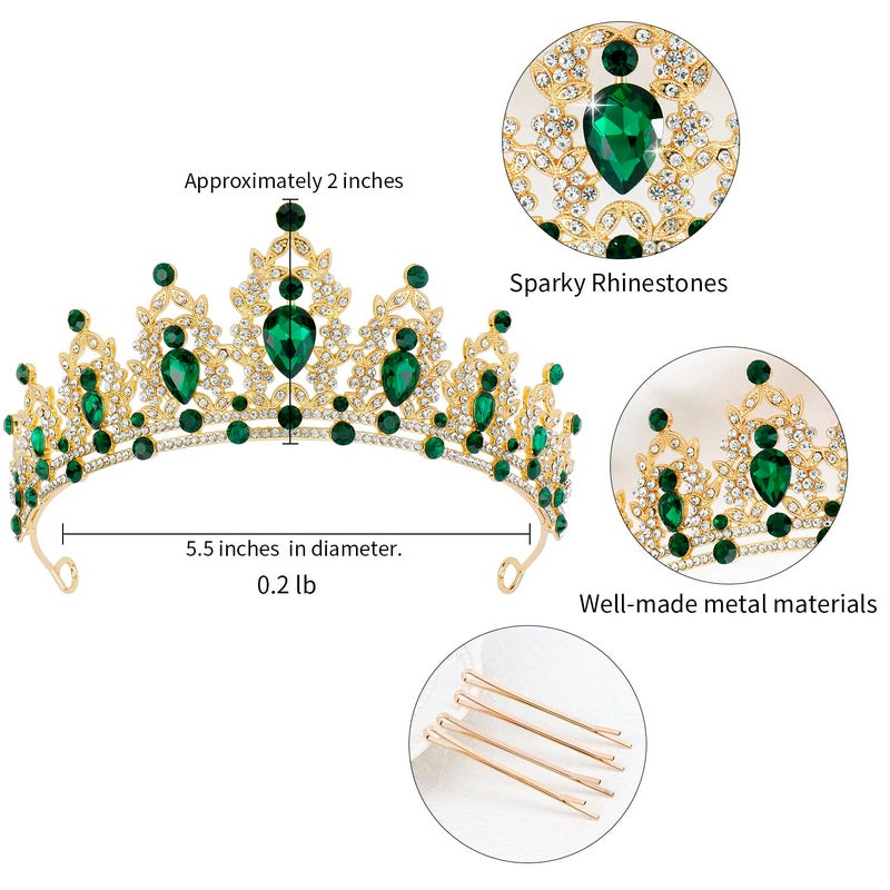 SuPoo Green Tiara and Crown for Women Gold Birthday Queen Crowns Rhinestone Princess Tiaras for Bride Quinceanera Headpieces Wedding Tiara for Birthday Party Prom Halloween - Image 5